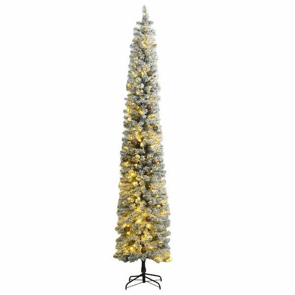 vidaXL Sapin de No&euml;l mince avec 300 LED boules et neige floqu&eacute;e 270 cm