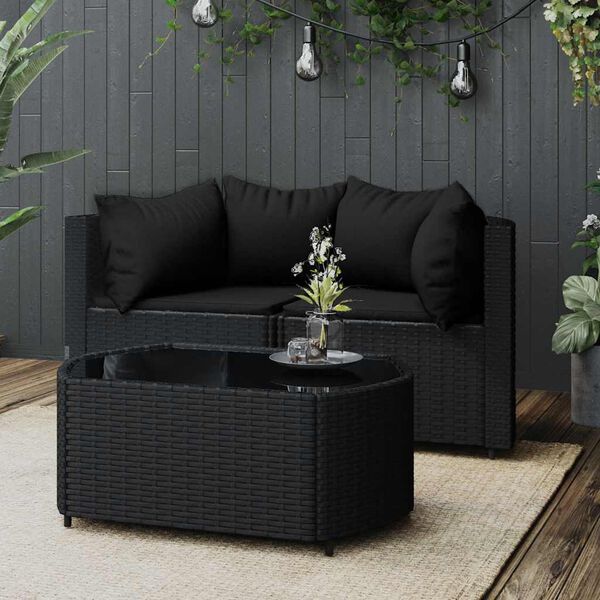 vidaXL Salon de jardin 3 pcs avec coussins Noir R&eacute;sine tress&eacute;e