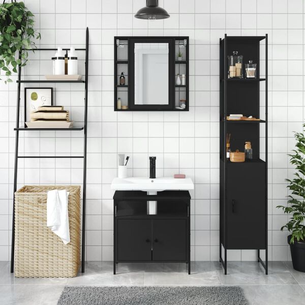 vidaXL Ensemble d'armoires salle de bain 3 pcs noir bois d'ing&eacute;nierie