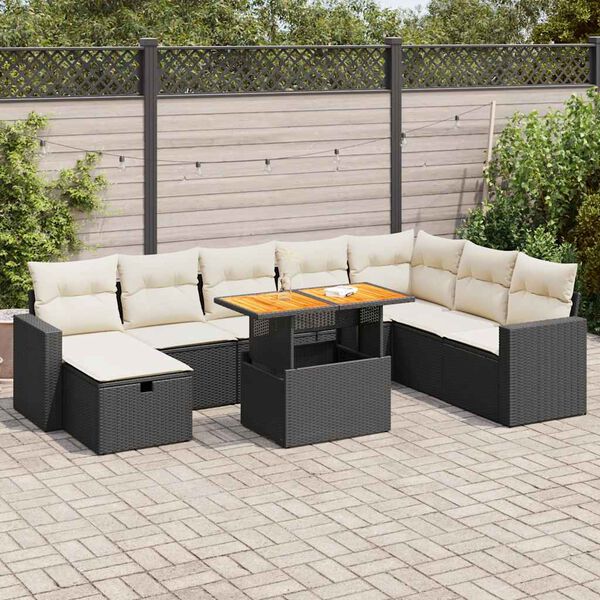 vidaXL Salon de jardin avec coussins 9 pcs noir résine tressée acacia