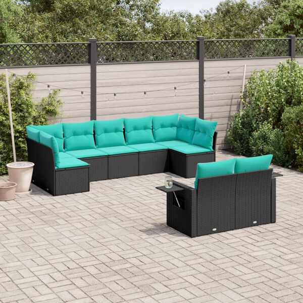 vidaXL Salon de jardin 9 pcs avec coussins noir résine tressée