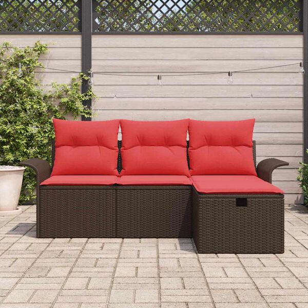 vidaXL Ensemble de canapé de jardin 4 pcs Marron et rouge polyrotin