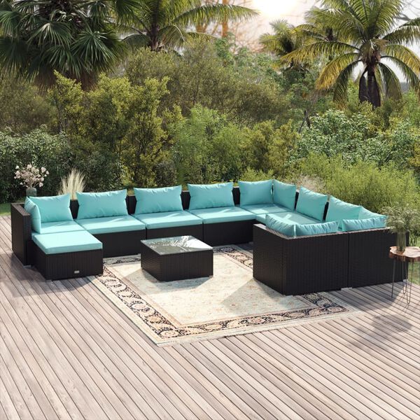 vidaXL Salon de jardin 11 pcs avec coussins R&eacute;sine tress&eacute;e Noir