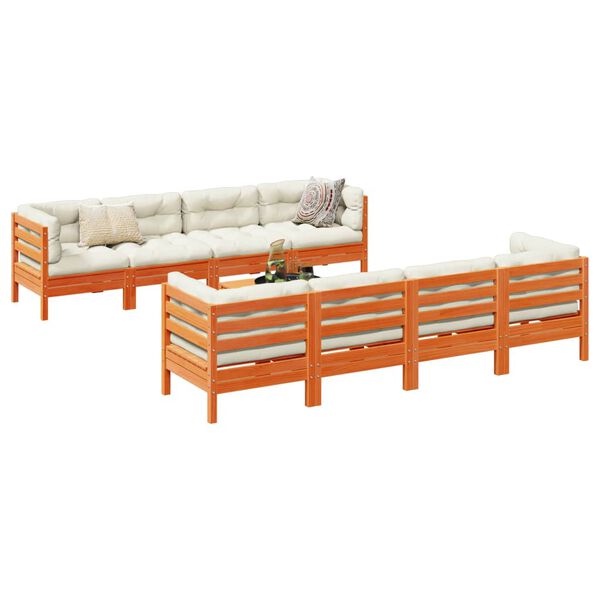 vidaXL Salon de jardin 9 pcs avec coussins marron cire bois pin massif