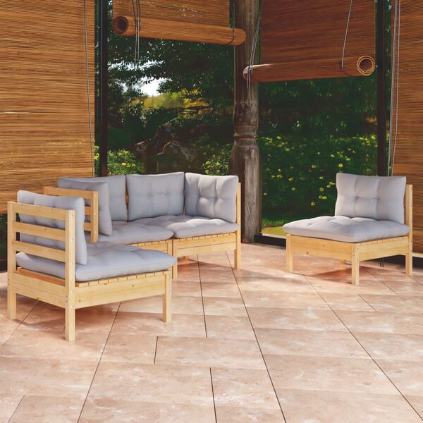 vidaXL Salon de jardin 4 pcs avec coussins gris Bois de pin massif