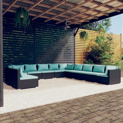 vidaXL Salon de jardin 11 pcs avec coussins noir résine tressée