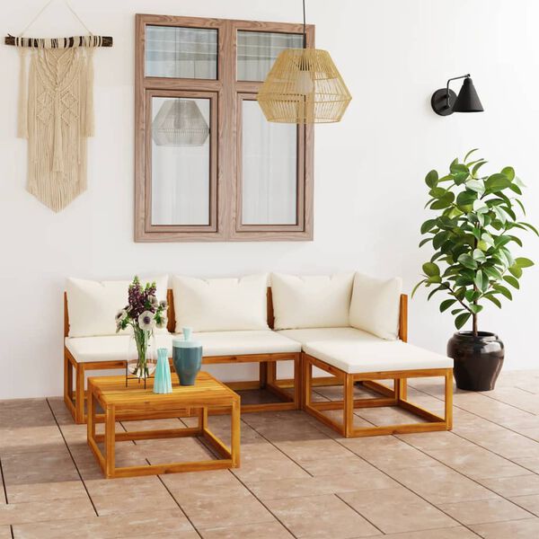 vidaXL Salon de jardin 5 pcs avec coussin Cr&egrave;me Bois d'acacia solide