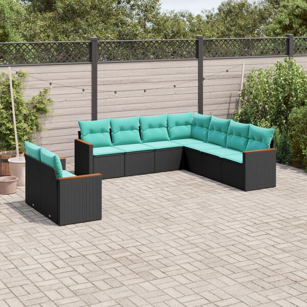 vidaXL Salon de jardin 9 pcs avec coussins noir résine tressée