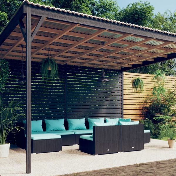vidaXL Salon de jardin 9 pcs avec coussins Noir R&eacute;sine tress&eacute;e
