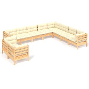 vidaXL Salon de jardin 10 pcs avec coussins cr&egrave;me bois de pin massif