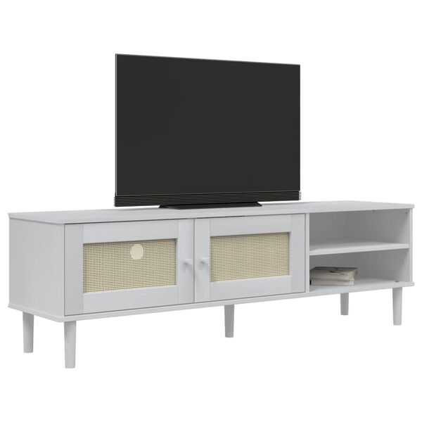 vidaXL Meuble TV SENJA aspect rotin blanc 158x40x49cm bois massif pin