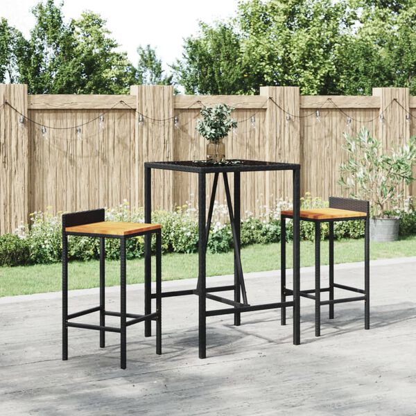 vidaXL Ensemble de bar jardin 3 pcs noir poly rotin/bois massif acacia