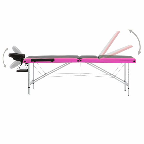 vidaXL Table de massage pliable 3 zones Aluminium Noir et rose