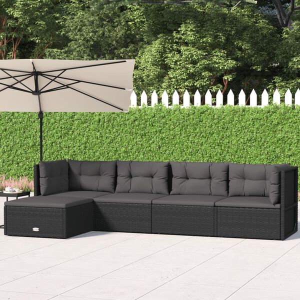 vidaXL Salon de jardin 5 pcs avec coussins Noir R&eacute;sine tress&eacute;e