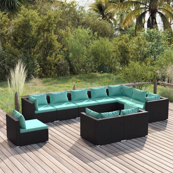 vidaXL Salon de jardin 10 pcs avec coussins R&eacute;sine tress&eacute;e Noir