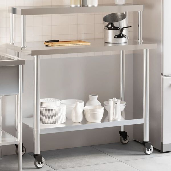 vidaXL Table de travail de cuisine avec étagère 110x55x120 cm inox