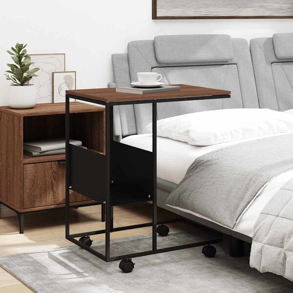 vidaXL Table d'appoint avec roues noir 55x36x63,5 cm bois d'ing&eacute;nierie
