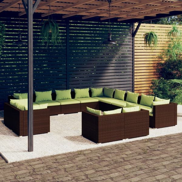 vidaXL Salon de jardin 13 pcs avec coussins Marron Résine tressée