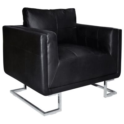 vidaXL Fauteuil cube avec pieds chromés noir cuir