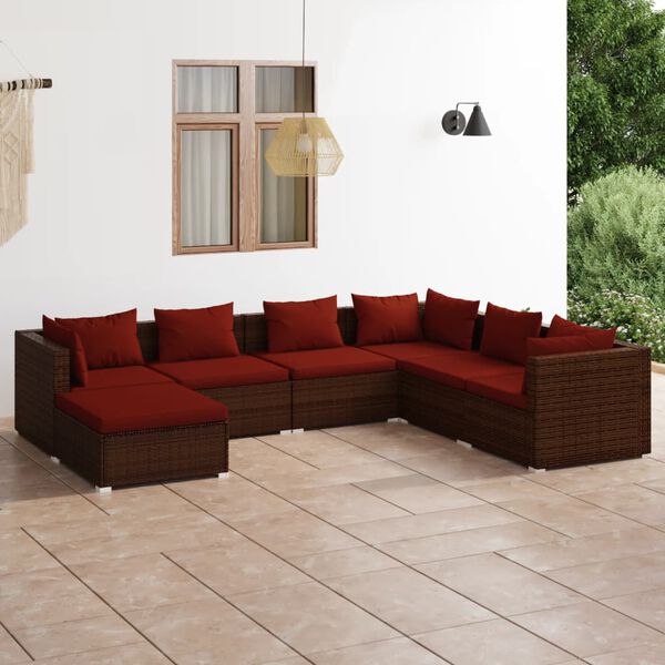 vidaXL Salon de jardin 7 pcs avec coussins R&eacute;sine tress&eacute;e Marron