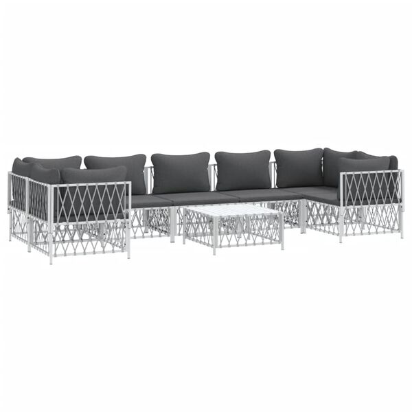vidaXL Salon de jardin 8 pcs avec coussins blanc acier