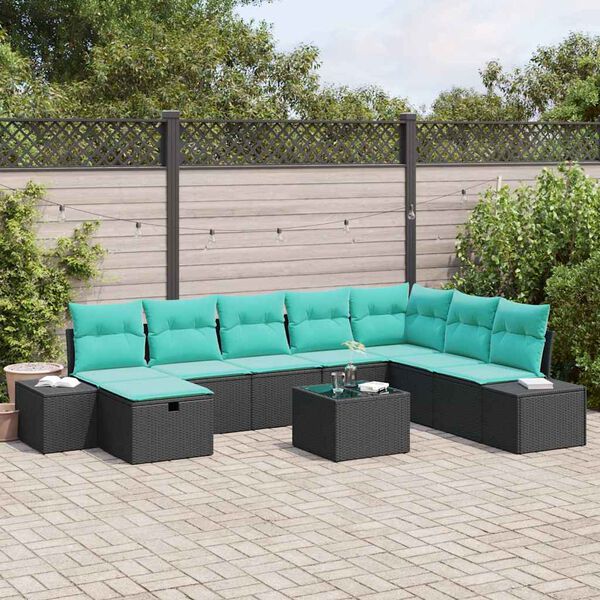 vidaXL Ensemble de canap&eacute; de jardin avec coussin 9 pcs Noir polyrotin