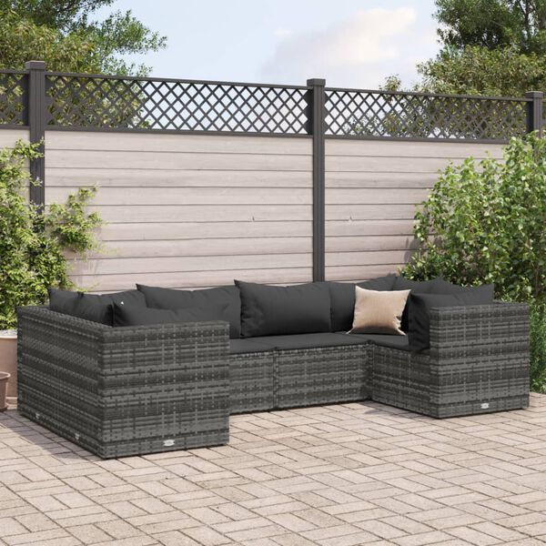 vidaXL Salon de jardin 6 pcs avec coussins Gris R&eacute;sine tress&eacute;e