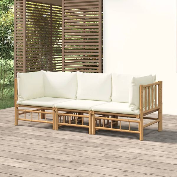 vidaXL Salon de jardin 3 pcs avec coussins blanc cr&egrave;me bambou