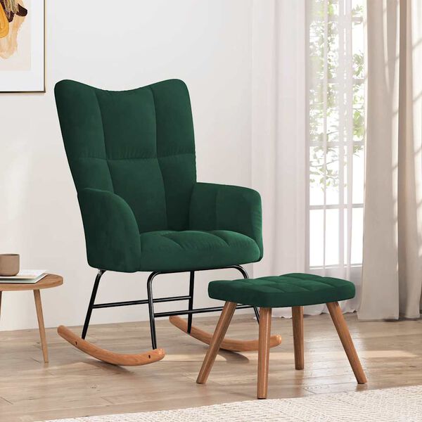 vidaXL Chaise &agrave; bascule avec repose-pied Vert fonc&eacute; Velours