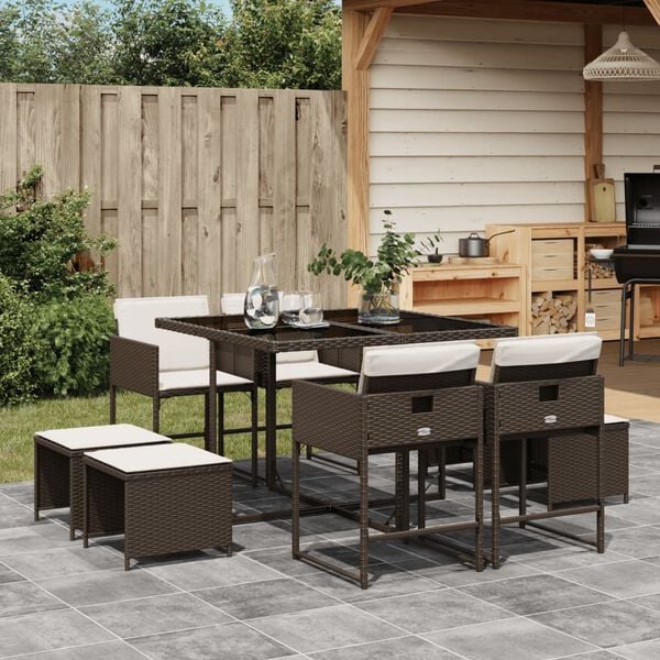 vidaXL Ensemble &agrave; manger de jardin et coussins 9 pcs marron poly rotin