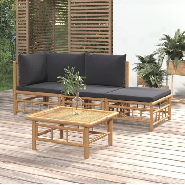 vidaXL Salon de jardin 4 pcs avec coussins gris fonc&eacute; bambou