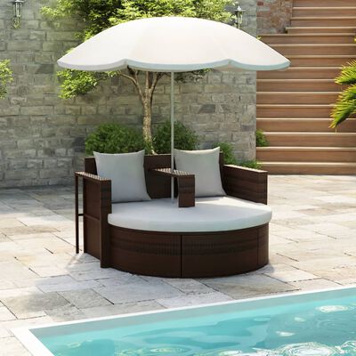 vidaXL Lit de jardin avec parasol Marron Résine tressée