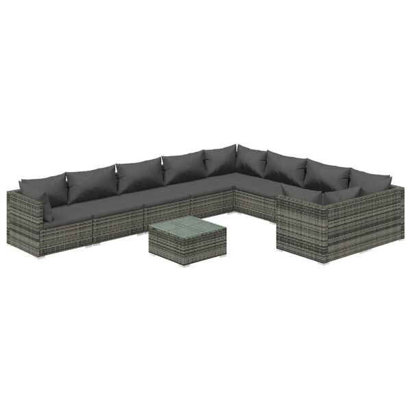 vidaXL Salon de jardin 10 pcs avec coussins R&eacute;sine tress&eacute;e Gris