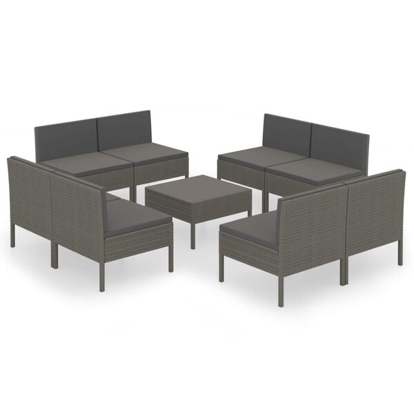 vidaXL Salon de jardin 9 pcs avec coussins R&eacute;sine tress&eacute;e Gris