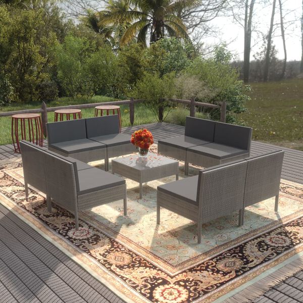 vidaXL Salon de jardin 9 pcs avec coussins R&eacute;sine tress&eacute;e Gris