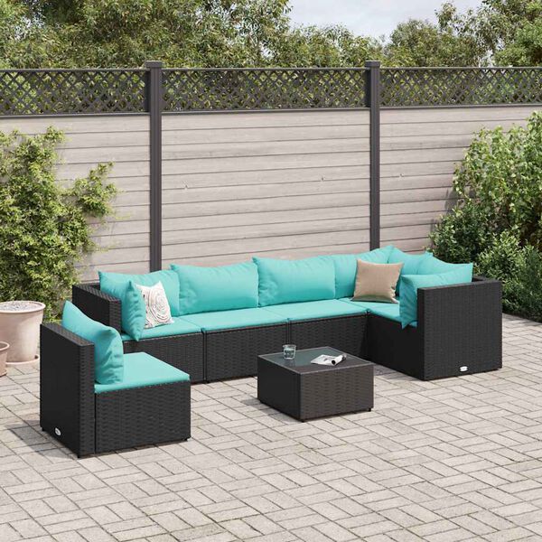 vidaXL Salon de jardin 7 pcs avec coussins Noir R&eacute;sine tress&eacute;e