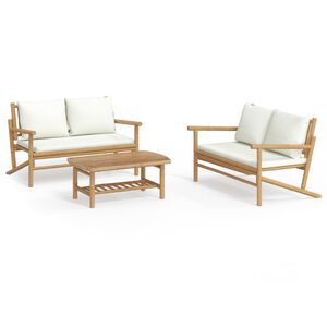vidaXL Salon de jardin 3 pcs avec coussins blanc cr&egrave;me bambou