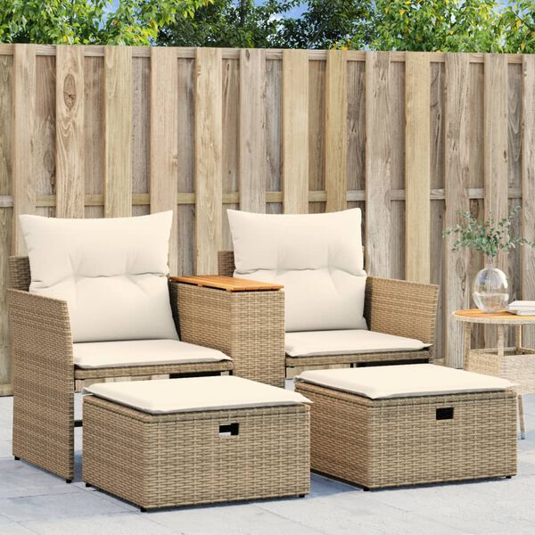 vidaXL Canap&eacute; de jardin 2 places avec tabourets beige r&eacute;sine tress&eacute;e