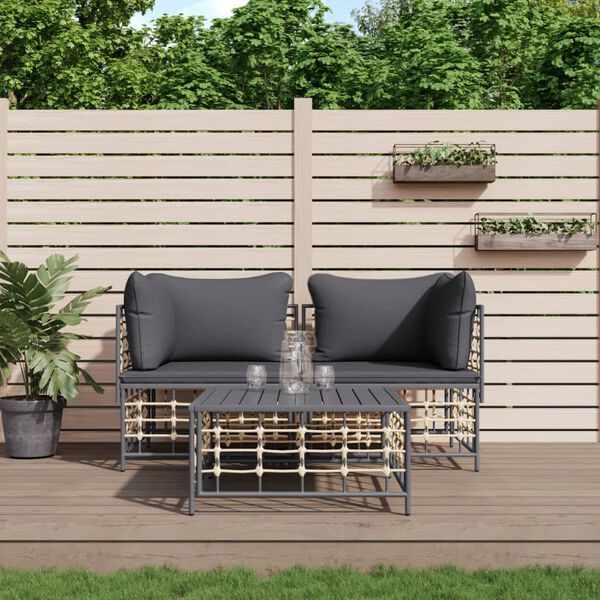 vidaXL Salon de jardin 3 pcs avec coussins anthracite résine tressée