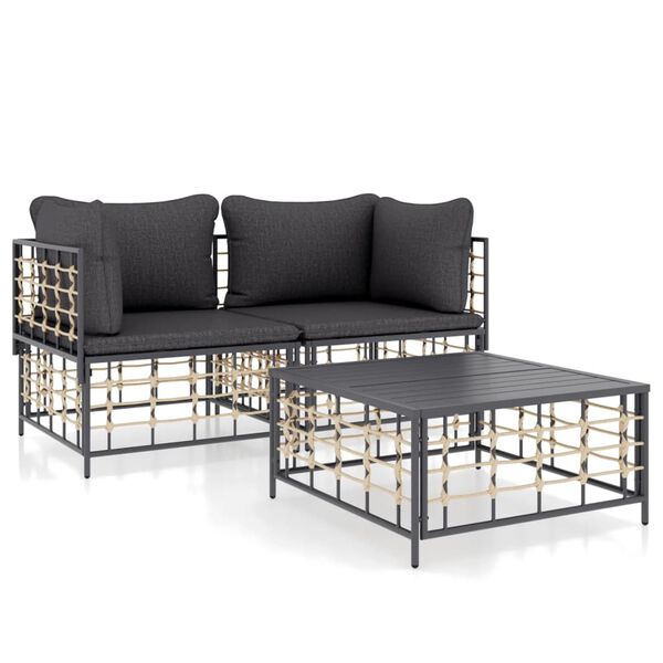 vidaXL Salon de jardin 3 pcs avec coussins anthracite résine tressée