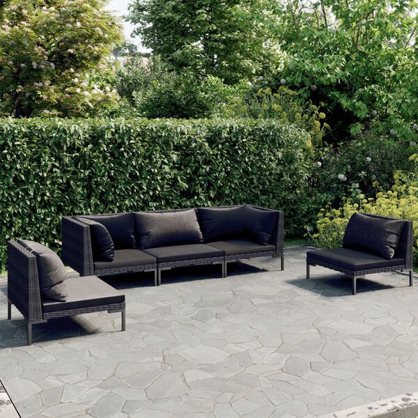 vidaXL Salon de jardin 5 pcs avec coussins R&eacute;sine tress&eacute;e Gris fonc&eacute;
