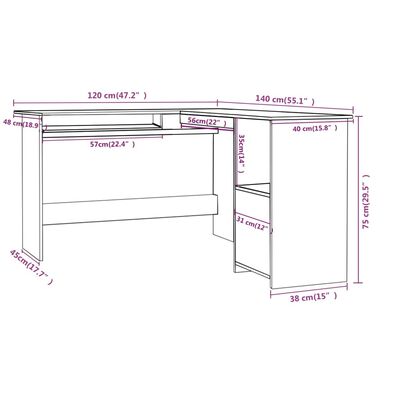 vidaXL Bureau d'angle en forme de L Gris 120x140x75cm bois ingénierie