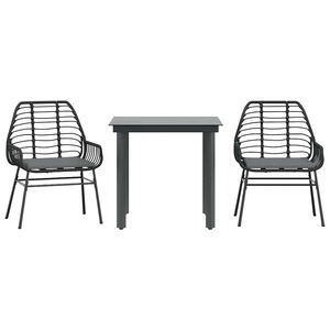 vidaXL Ensemble &agrave; manger de jardin et coussins 3 pcs noir rotin verre