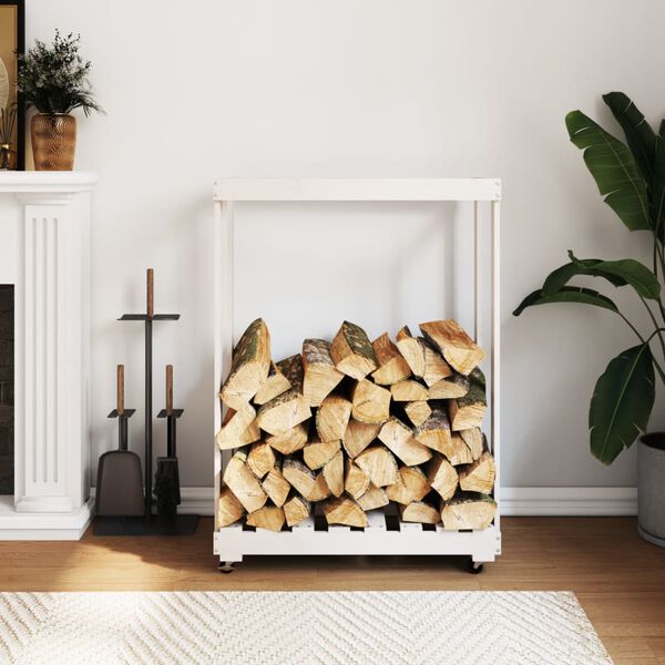 vidaXL Porte-bûches avec roulettes blanc 76,5x40x108cm bois massif pin