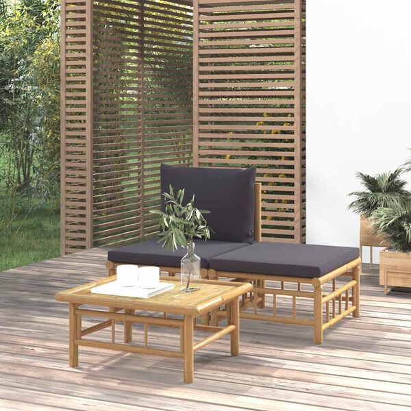 vidaXL Salon de jardin 3 pcs avec coussins gris fonc&eacute; bambou