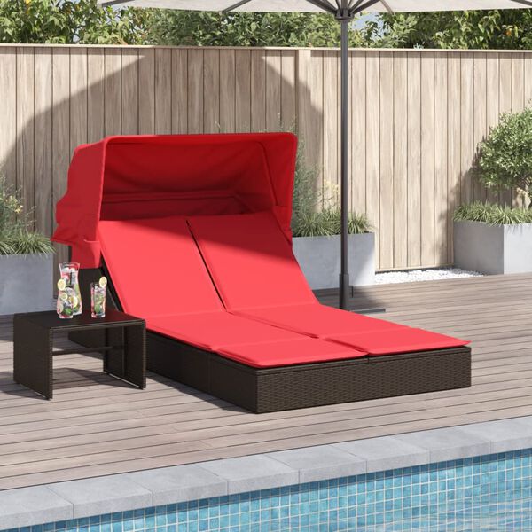 vidaXL Chaise longue double avec auvent et coussins marron poly rotin