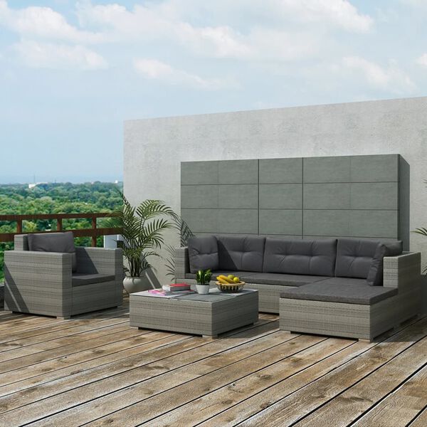 vidaXL Salon de jardin 6 pcs avec coussins r&eacute;sine tress&eacute;e gris