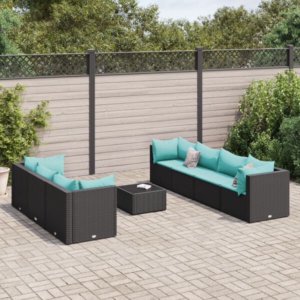 vidaXL Salon de jardin 8 pcs avec coussins noir r&eacute;sine tress&eacute;e