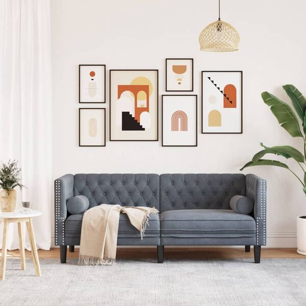 vidaXL Canap&eacute; Chesterfield avec traversins 2 places gris fonc&eacute; velours