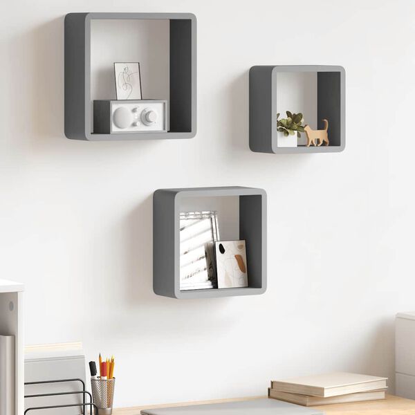 vidaXL &Eacute;tag&egrave;res murales sous forme de cube 3 pcs Gris MDF